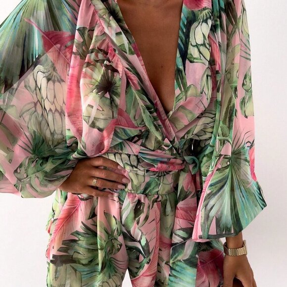 Green Casual Women's Random Floral Print V-Neck Long Sleeve Jumpsuit - Picture 3 of 4